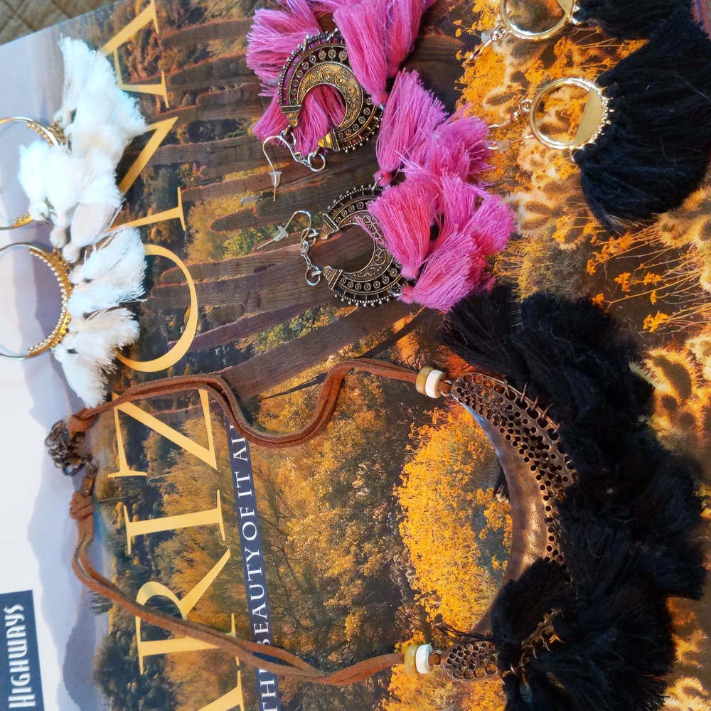 Three pairs of tassel earrings AND necklace